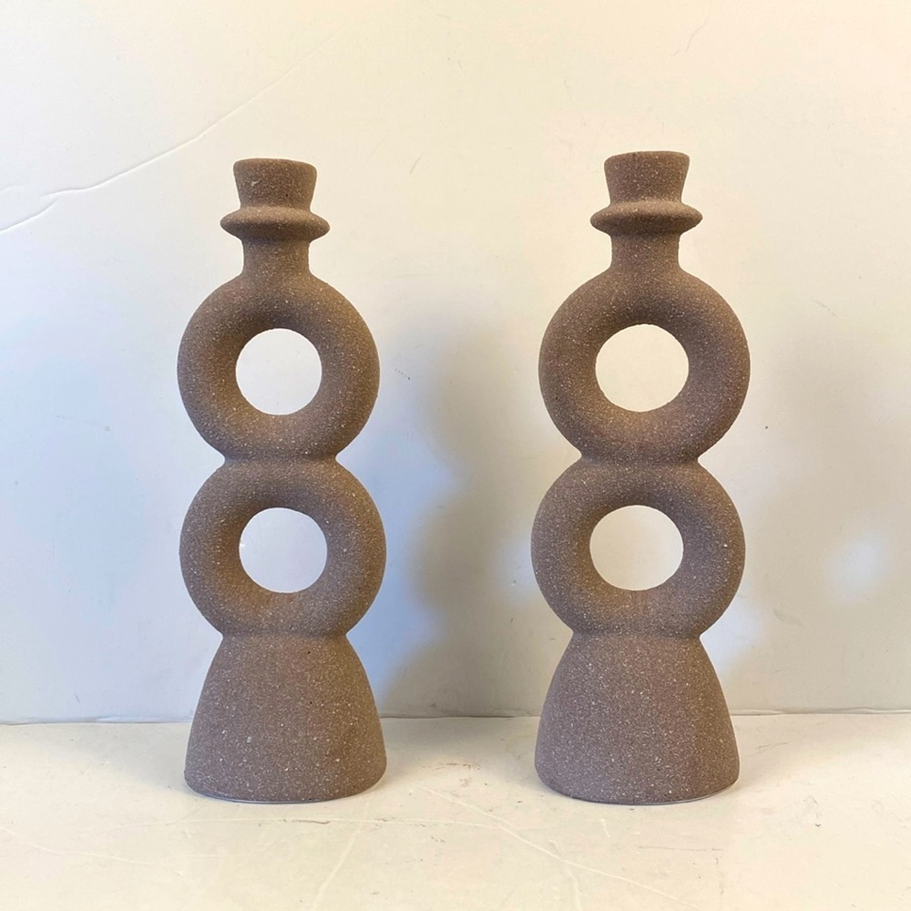 Taper Candle Holder set of 2, Double Loop 9.25"H rough texture beige minimalist